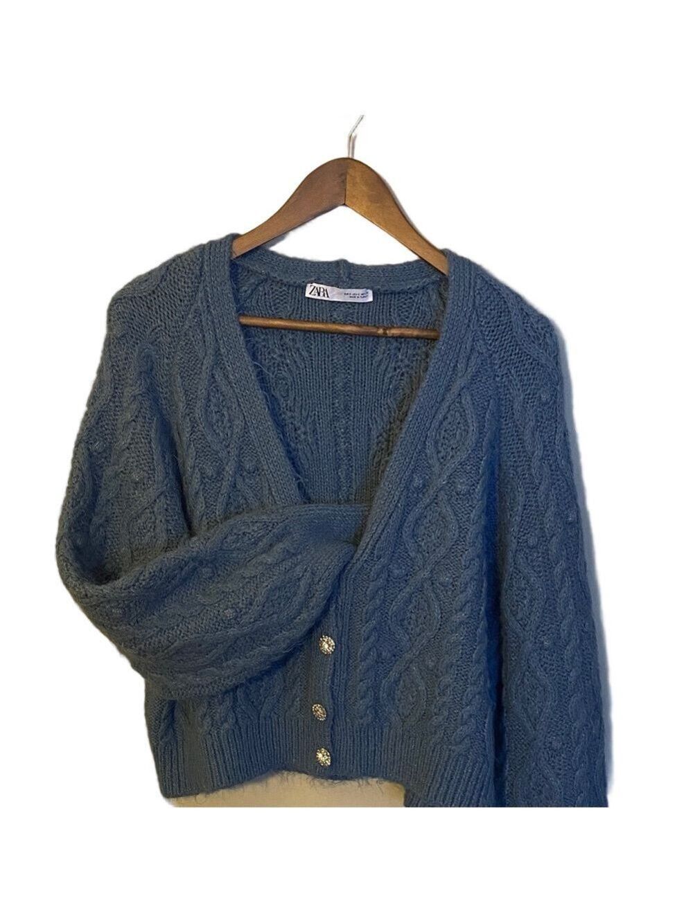 *301 Zara Chunky Blue/Periwinkle Cable Knit Cardigan with Rhinestone Buttons.